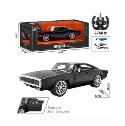Fast & Furious 1970 Dodge RC Muscle Car – High Speed, Glossy Black with Lights & Openable Doors