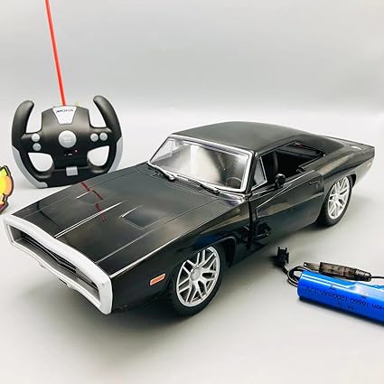 Fast & Furious 1970 Dodge RC Muscle Car – High Speed, Glossy Black with Lights & Openable Doors