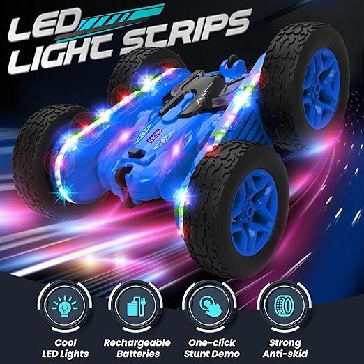 4WD RC Stunt Car with 360° Flips, LED Lights, Dual Motors & Rechargeable Batteries – Blue