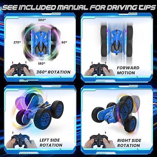 4WD RC Stunt Car with 360° Flips, LED Lights, Dual Motors & Rechargeable Batteries – Blue