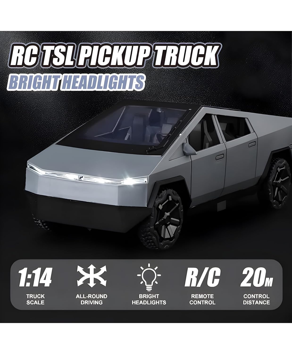 Rush RC Tesla Cybertruck for Kids – High Speed 1:14 Scale Car with Lights, 2.4GHz Remote & All-Terrain Tires