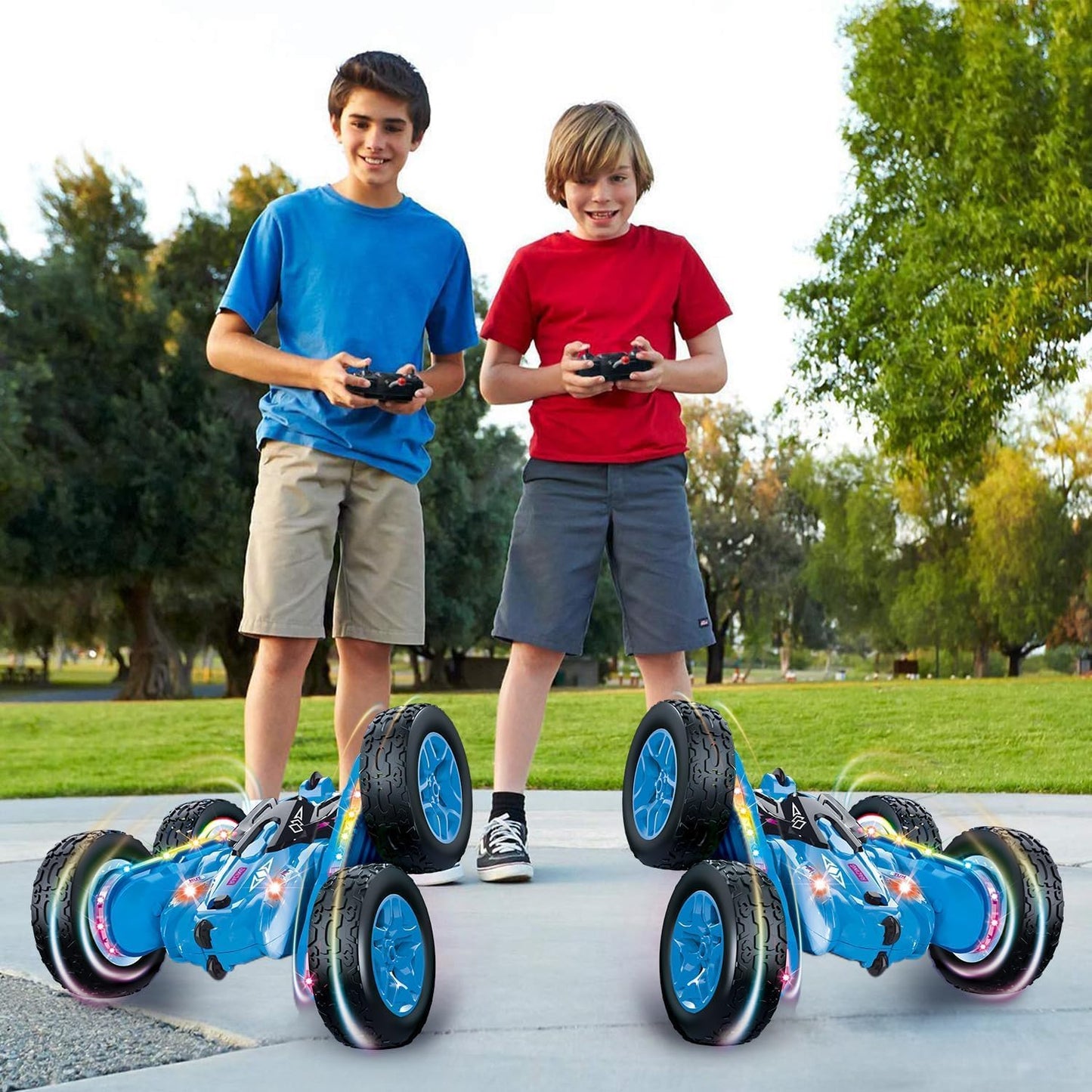 4WD RC Stunt Car with 360° Flips, LED Lights, Dual Motors & Rechargeable Batteries – Blue