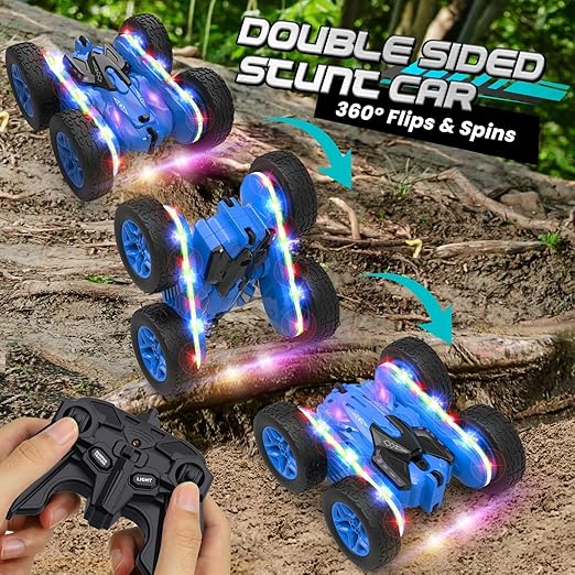 4WD RC Stunt Car with 360° Flips, LED Lights, Dual Motors & Rechargeable Batteries – Blue