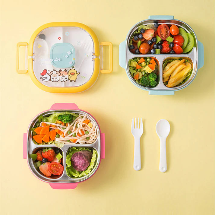 Multi-Purpose Leakproof Two Layers Food Storage Box for Boys and Girls | Stainless Steel Seasoning Box for Kids with Sauce Box, Plastic Tray, Spoon & Fork, and Easy Lock