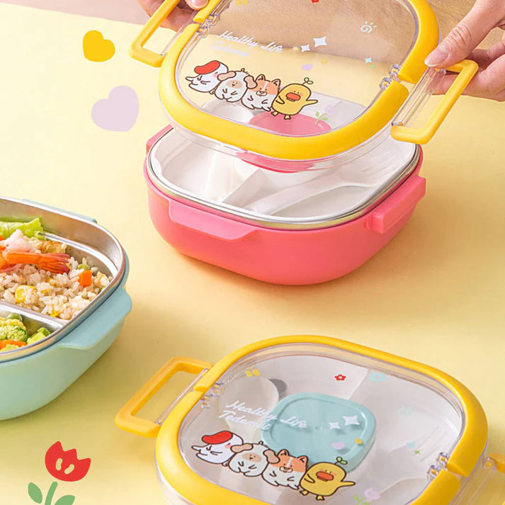 Multi-Purpose Leakproof Two Layers Food Storage Box for Boys and Girls | Stainless Steel Seasoning Box for Kids with Sauce Box, Plastic Tray, Spoon & Fork, and Easy Lock
