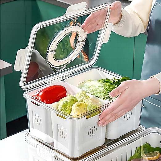 Transparent Refrigerator Organizer with 3 Removable Colanders