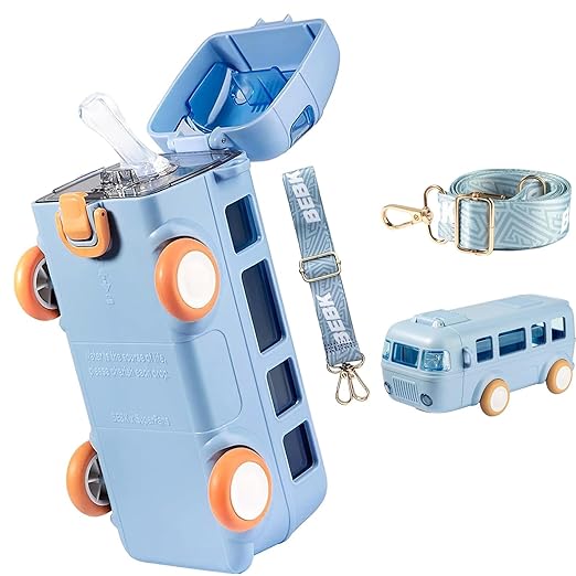 Bus Water Bottle for Kids - 16oz Car Straw Cup with Movable Wheel